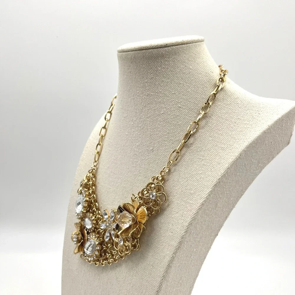 Gold‎ Tone Clutter Statement Necklace Multi Gem Embellished Bib Style Choker
